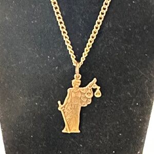 2/$20 Lady Justice, gold tone pendant & chain. 18” long. Lobster clasp.